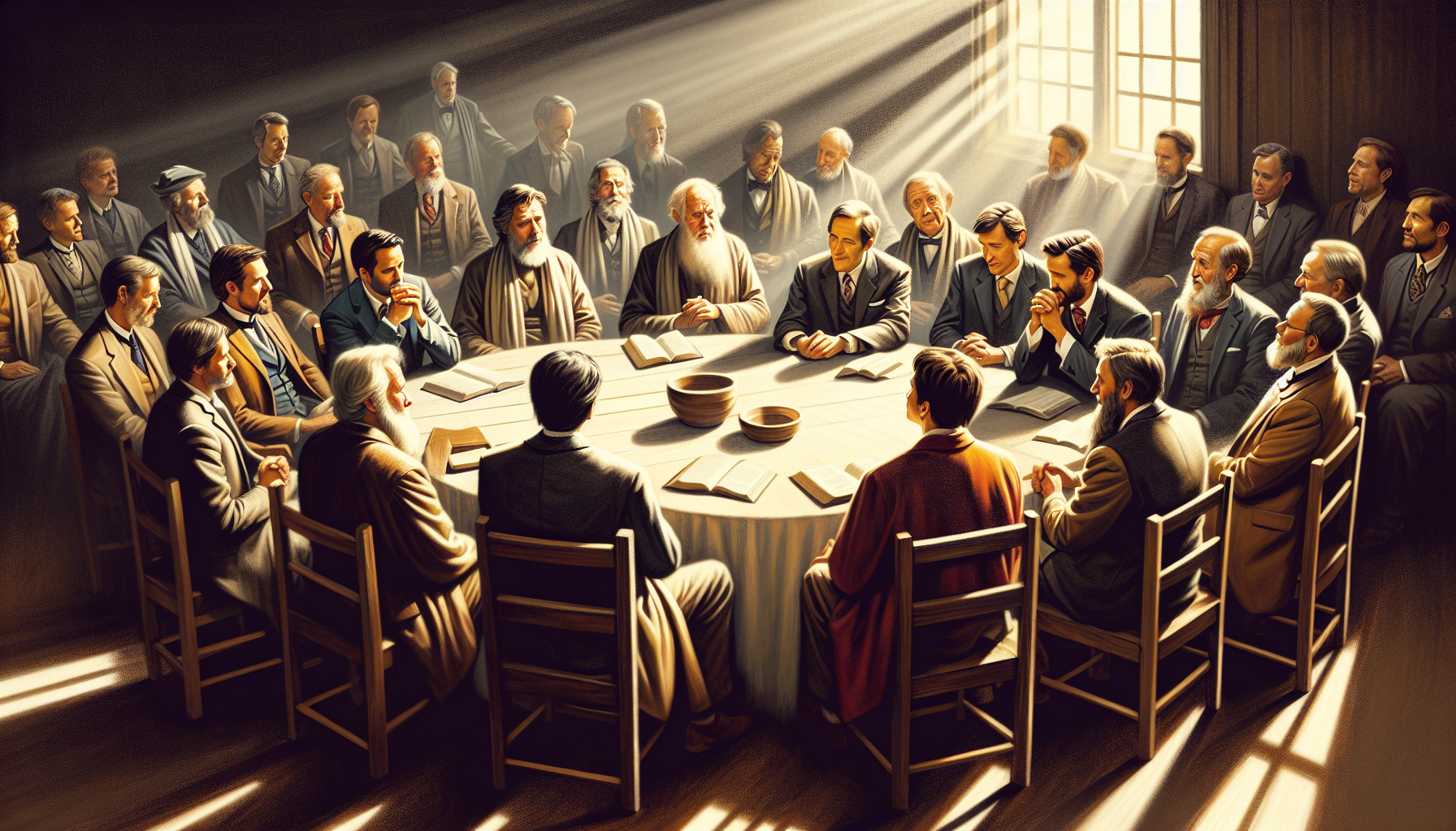 Illustration of a group of diverse Christian leaders discussing servant leadership