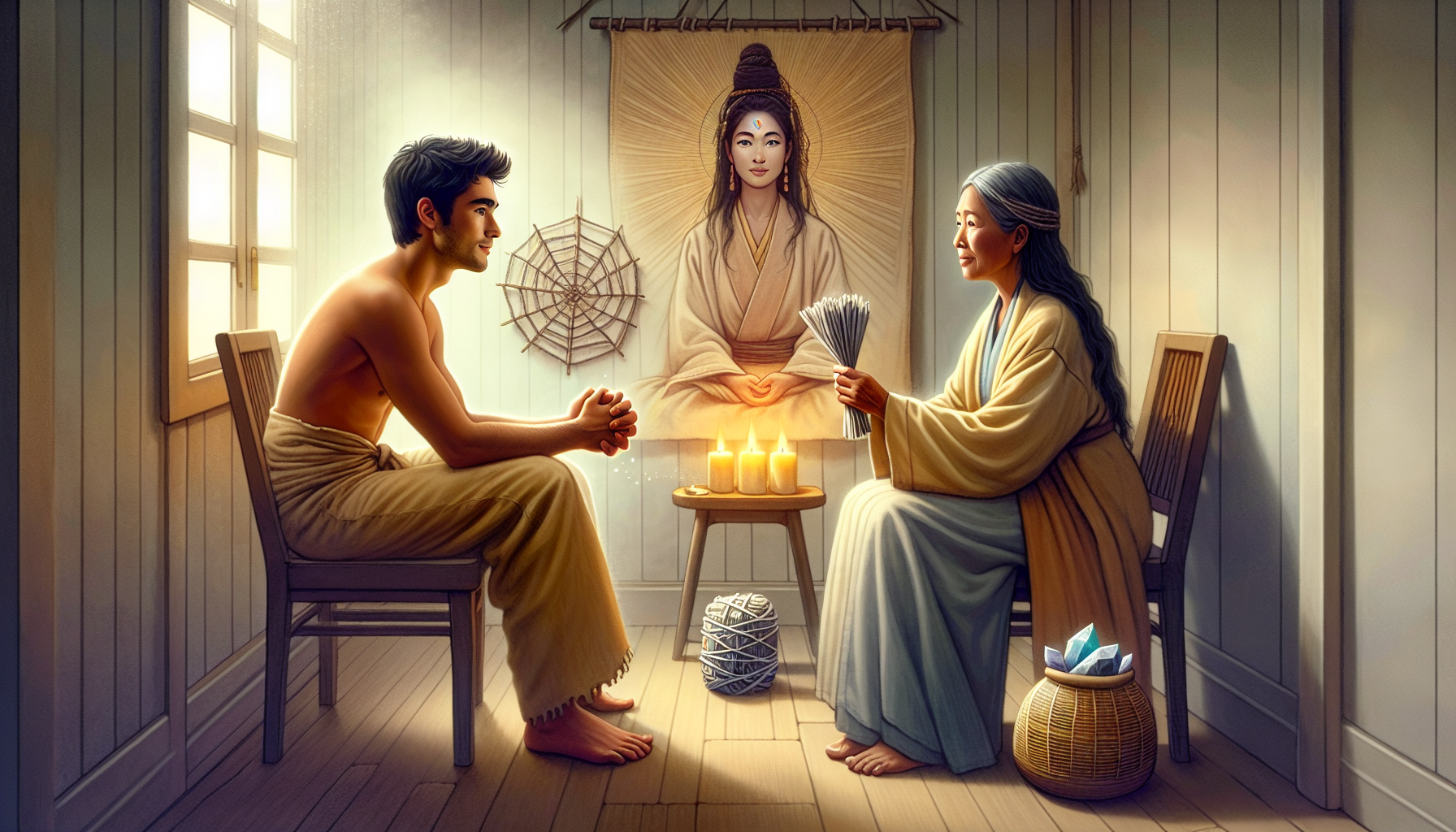 Illustration of a person sharing their testimonial with a spiritual advisor