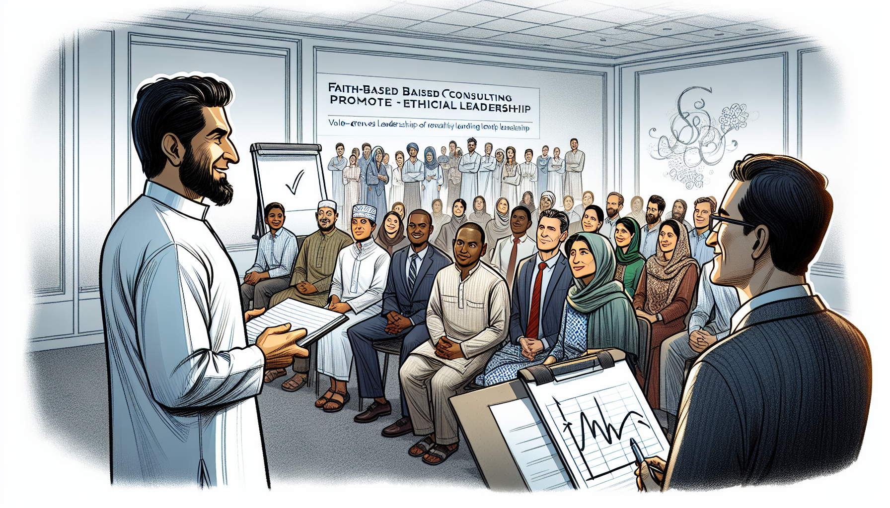 Illustration of a leadership training session with a focus on ethical values